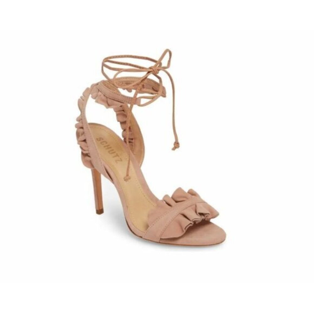 Schutz Pink Suede Leather Lace Up Open Toe Ruffle Heels Stiletto Sz 7.5